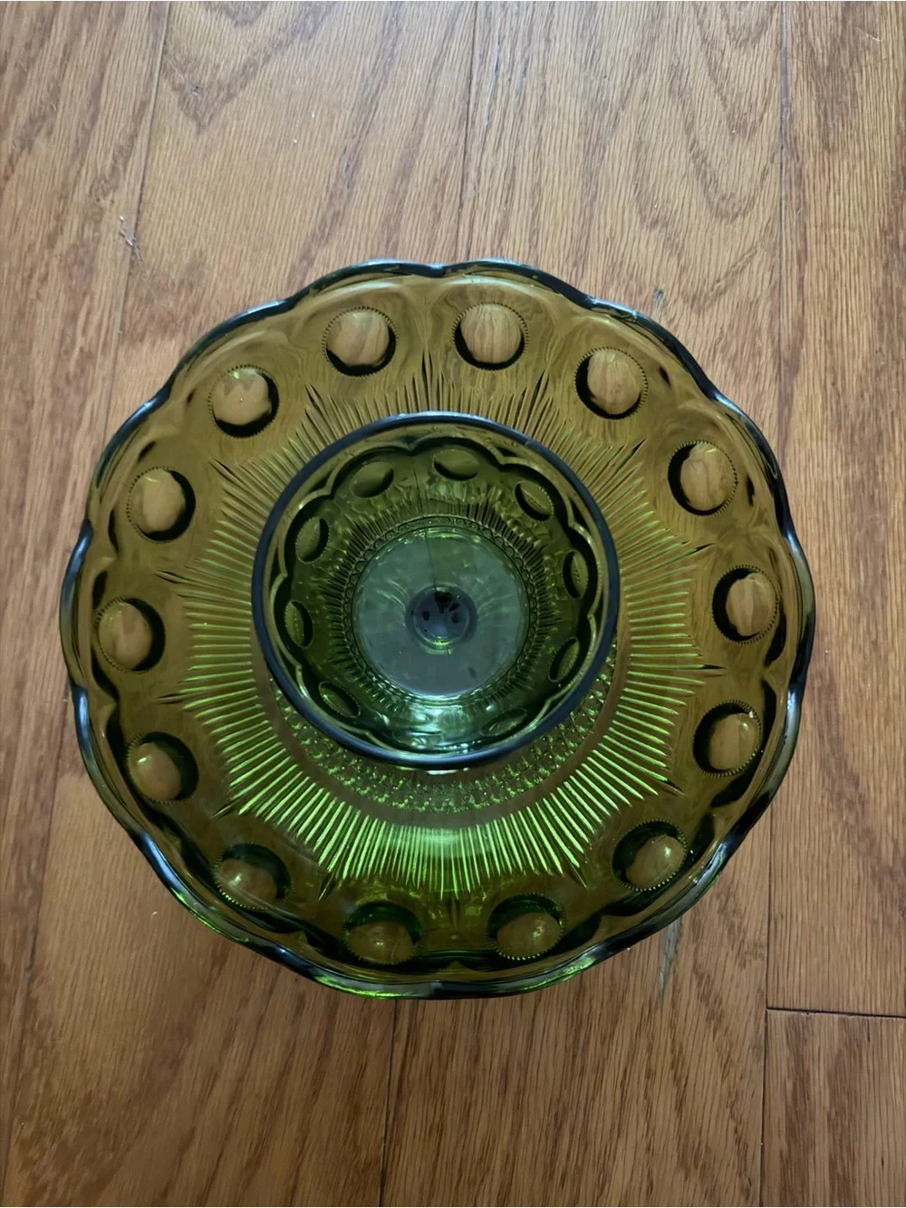 Vintage Olive Green Glass Chip & Dip Bowl Set Scallop Dotted Kitchen Home Decor